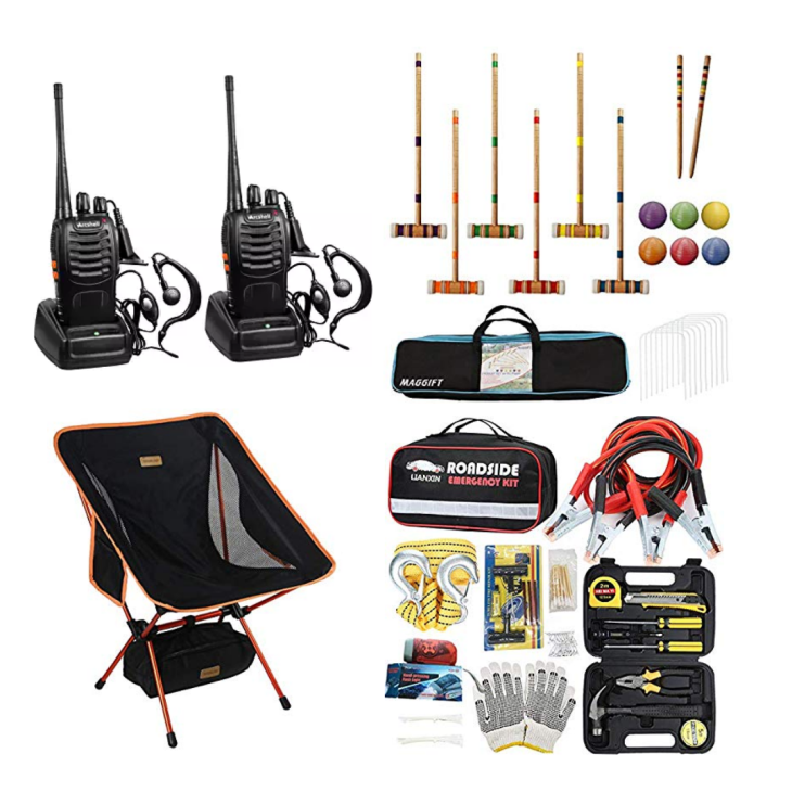 Outdoors gift for dads: walkie talkies, croquet set, emergency car tool kit and hiking chair.