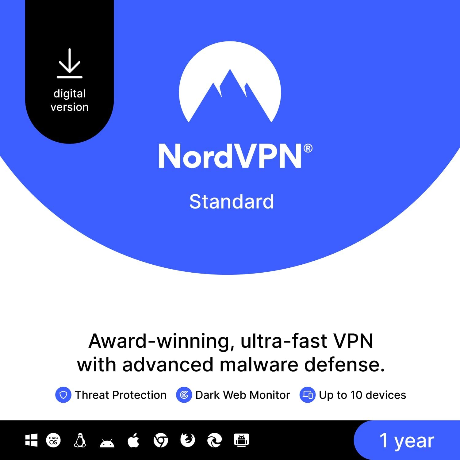 NordVPN Standard - 1-Year - VPN & Cybersecurity Software For 10 Devices – Block Malware, Malicious Links & Ads, Protect Personal Information - PC/Mac/Mobile